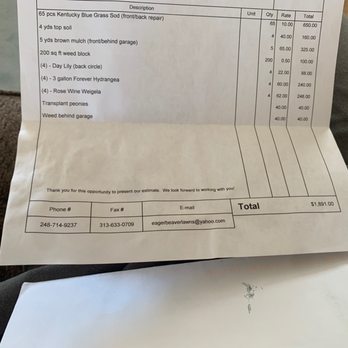 Eager Beaver Lawn & Snow - a receipt for a service - Landscaping Near Me