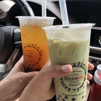 Sharetea - Matcha fresh milk tea and orange grapefruit mango green tea (both w boba) - Bubble Tea Near Me - Houston, Texas