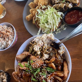 Sunset 89 - Teriyaki Chicken bowl and mushroom burger w/ Side of mac salad. - Asian Fusion Near Me - Page, Arizona Sunset 89 - Teriyaki Chicken bowl and mushroom burger w/ Side of mac salad. - Asian Fusion Near Me - Page, Arizona