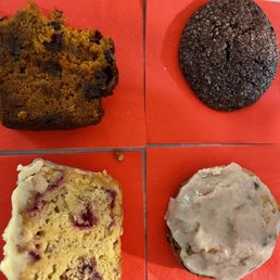 Alll gluten free: Chocolate chip pumpkin loaf slice, double chocolate cookie, vanilla/cherry scone and cranberry orange loaf slice.