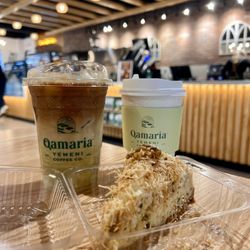 Qamaria Yemeni Coffee - Iced pistachio latte. Adeni chai. And knaffeh cheesecake