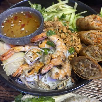 HEM Kitchen And Bar - Dry Vermicelli with shrimp, sauce & eggrolls - Vietnamese Near Me - Houston, Texas