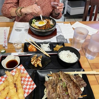 Daol Korean Restaurant - Combo Bento Box - LA Galbi (6 pcs) and Shrimp Tempura (4 pcs) and Bulgogi Bibimbop.  Appetizer tray. - Korean Near Me - Toronto, Ontario