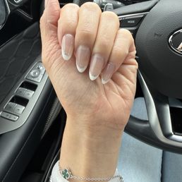 Gel X nails - medium almond with French tip and glitter lining