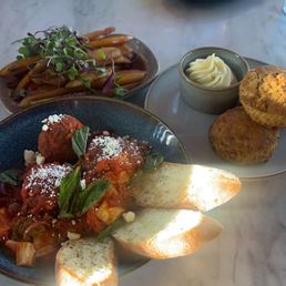 Lamb meatballs, sweet potato's biscuits, side of glazed carrots