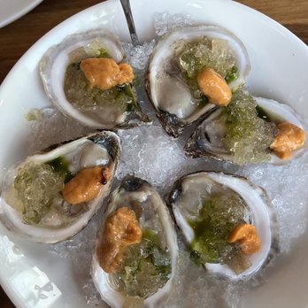 Lark - Oysters on the Half Shell, Champagne-Fermented Shallot Mignonette, Strawberry Pickled Rhubarb with Uni - New American Near Me - Bala Cynwyd, Pennsylvania Lark - Oysters on the Half Shell, Champagne-Fermented Shallot Mignonette, Strawberry Pickled Rhubarb with Uni - New American Near Me - Bala Cynwyd, Pennsylvania