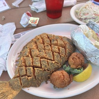 Capt's Table - Fried flounder, loaded baked potato & cole slaw - Seafood Near Me - Panama City, Florida