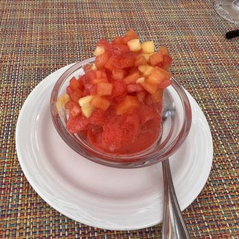 Olio - Fruit salad with watermelon sorbet - Mediterranean Near Me - Cancún, ROO Olio - Fruit salad with watermelon sorbet - Mediterranean Near Me - Cancún, ROO