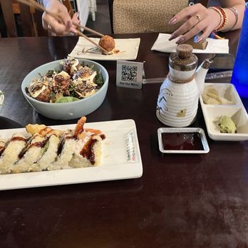 Tokyo Garden - Takoyaki (blue bowl), edamame (small white bowl on the left) and Shrimp Tempura Roll. - Sushi Bars Near Me - Downey, California Tokyo Garden - Takoyaki (blue bowl), edamame (small white bowl on the left) and Shrimp Tempura Roll. - Sushi Bars Near Me - Downey, California