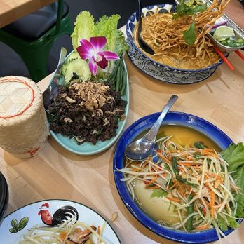 Chiang Rai - From top to bottom: Khao Soi Noodle, Chiang Rai Larb, som tum Thai salad - Thai Near Me - Long Beach, California
