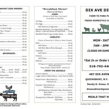Dix Ave Diner - Breakfast Menu - updated Oct 6, 2025 - Breakfast & Brunch Near Me - Queensbury, New York