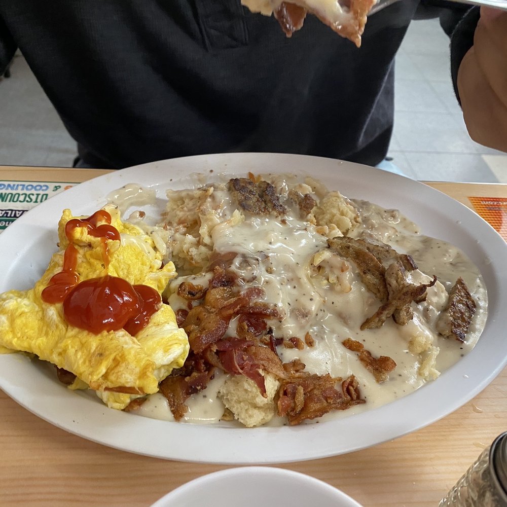 J.C's Cafe - Mass Confusion. Biscuits and sausage gravy, with hash browns with bacon & sausage and eggs - Diners Near Me - Golden, Colorado J.C's Cafe - Mass Confusion. Biscuits and sausage gravy, with hash browns with bacon & sausage and eggs - Diners Near Me - Golden, Colorado