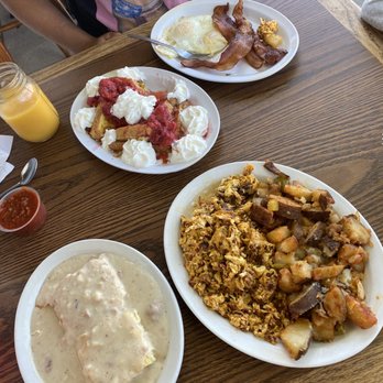 Cowgirl Cafe - French toast with strawberries, eggs & bacon Chorizo & eggs with biscuits & gravy - Diners Near Me - Atascadero, California