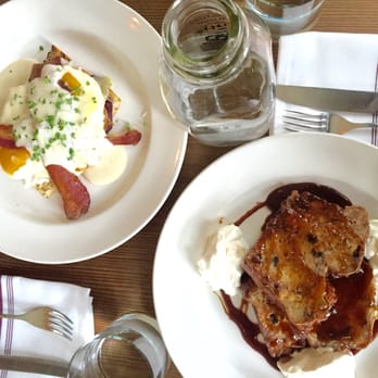 Gather - Left: Focaccia Croque with Bacon; right: Acme Walnut French Toast - New American Near Me - Berkeley, California
