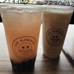 (L) Rose yogurt, (R) Lavender milk tea (L) Rose yogurt, (R) Lavender milk tea