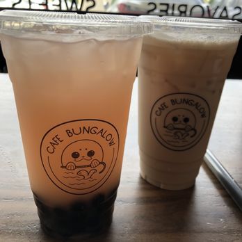 Cafe Bungalow - (L) Rose yogurt, (R) Lavender milk tea - Coffee & Tea Near Me - Azusa, California Cafe Bungalow - (L) Rose yogurt, (R) Lavender milk tea - Coffee & Tea Near Me - Azusa, California