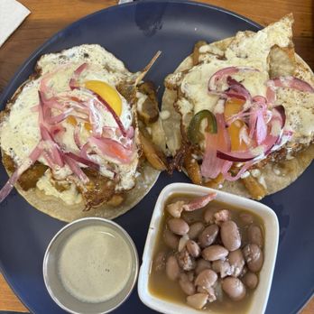 Madrez Cafe - Carnitas tostadas (tostadas with refried beans, carnitas, egg, and pickled onion) - Coffee & Tea Near Me - Flagstaff, Arizona