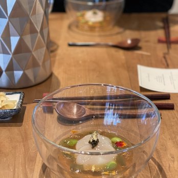 Sushi Hakko - Scallops in some delicious liquid.. oh and gold flake - Sushi Bars Near Me - San Francisco, California Sushi Hakko - Scallops in some delicious liquid.. oh and gold flake - Sushi Bars Near Me - San Francisco, California