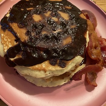 Bob Evans - Double chocolate hot cakes w/ bacon. The top looks weird because the take out lid could barely contain this huge stack of yumminess! - Breakfast & Brunch Near Me - Woodhaven, Michigan Bob Evans - Double chocolate hot cakes w/ bacon. The top looks weird because the take out lid could barely contain this huge stack of yumminess! - Breakfast & Brunch Near Me - Woodhaven, Michigan