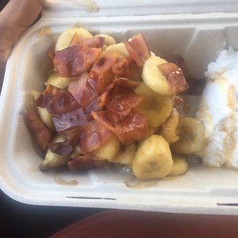 Endless Summer Sweets - Caramelized Banana Funnel Cake with bacon yum! 2.26.2021 homemade whip Cream on the side! Delicious Fantastic it was the mini one' - Desserts Near Me - Berkeley, California