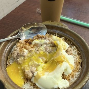 Clay Pot Cafe - Pork Pattie Claypot Rice (S)  and Egg and Hong Kong Style Iced Milk Tea - Cantonese Near Me - Boston, Massachusetts