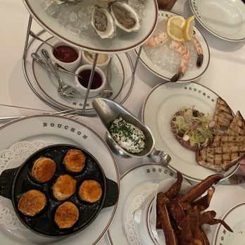 Bouchon - Appetizers : 1/2 oysters (delish), escargot, beef taratar, shrimp (large) and pig ears - French Near Me - Yountville, California Bouchon - Appetizers : 1/2 oysters (delish), escargot, beef taratar, shrimp (large) and pig ears - French Near Me - Yountville, California