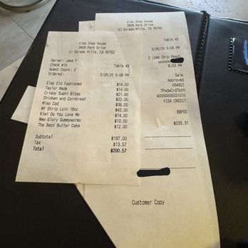 ELDO - Mysterious $25.74 charge ($226.31 - $200.57) added to our final bill - Seafood Near Me - El Dorado Hills, California ELDO - Mysterious $25.74 charge ($226.31 - $200.57) added to our final bill - Seafood Near Me - El Dorado Hills, California
