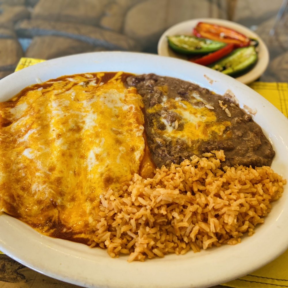 La Hacienda - Two Cheese Enchilada, Rice And Beans - Mexican Near Me - Del Rio, Texas La Hacienda - Two Cheese Enchilada, Rice And Beans - Mexican Near Me - Del Rio, Texas