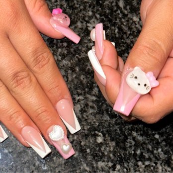 Nail Bloom - Hello kitty pearl pink and white french tips - Nail Salons Near Me - Dallas, Texas