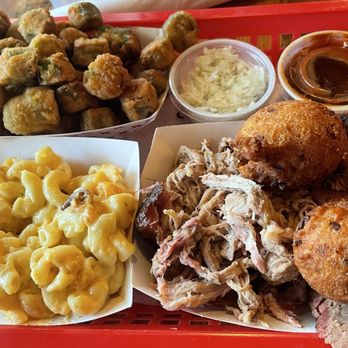 Picnic - Sliced Brisket and pulled pork, mac and cheese + okra sides - Barbeque Near Me - Durham, North Carolina