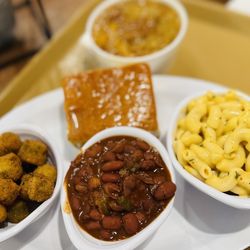 Esther's Cajun Café & Soul Food - Veggie Combo: Mac N Cheese, Red Beans, fried Okra, and cornbread with Peach Cobbler