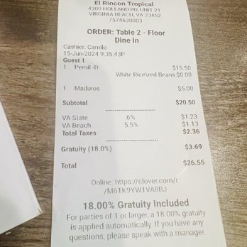 El Rincon Tropical - The bill. - Puerto Rican Near Me - Virginia Beach, Virginia