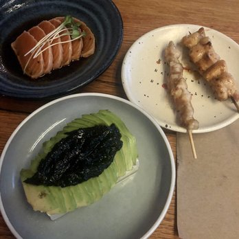 nonono - Salmon tataki (top), nori tofu - Izakaya Near Me - New York, New York