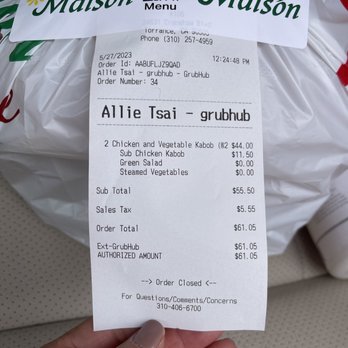 Chicken Maison - Found discrepancies from email receipt vs. pick up order receipt. What's going on?? - Mediterranean Near Me - Torrance, California Chicken Maison - Found discrepancies from email receipt vs. pick up order receipt. What's going on?? - Mediterranean Near Me - Torrance, California