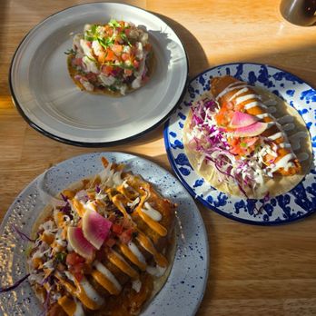 Euphoria - Fish taco corn and flour and a fish tostada - Seafood Near Me - Los Angeles, California Euphoria - Fish taco corn and flour and a fish tostada - Seafood Near Me - Los Angeles, California