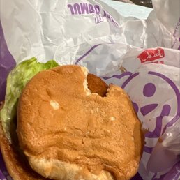 Not only did the chicken sandwich look like it was sat on but someone took a bite out the bread Not only did the chicken sandwich look like it was sat on but someone took a bite out the bread