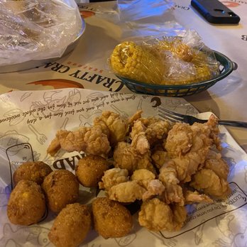 Crafty Crab - Fried shrimp with hush puppies (even though I ordered it with corn; and extra side orders of hush puppies and coleslaw) - Seafood Near Me - Tampa, Florida