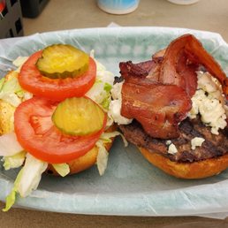 Pub burger with blue cheese and bacon added.