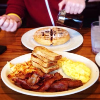 Boulevard Cafe - Belgium waffle w/ chocolate chips & Top of the Morning breakfast plate - New American Near Me - Daly City, California