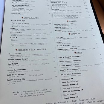 Theo's Steaks, Sides & Spirits - St. Michaels - Late August dinner menu. - Steakhouses Near Me - St Michaels, Maryland Theo's Steaks, Sides & Spirits - St. Michaels - Late August dinner menu. - Steakhouses Near Me - St Michaels, Maryland