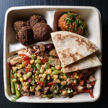 Dish N Dash - Sunnyvale - Medium Veggie Shawarma Salad with side of Falafel and Muhammara (Roasted Red pepper walnut paste) . Mostly Vegan - Middle Eastern Near Me - Sunnyvale, California