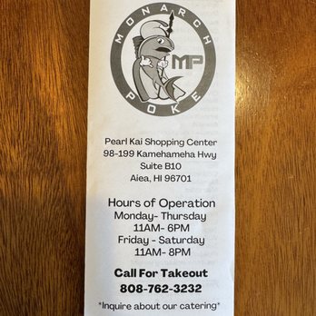 Monarch Poke - The front page of the menu - Hawaiian Near Me - Aiea, Hawaii