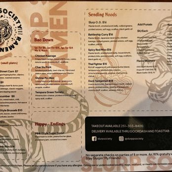 Slurp Society Ramen Shop - Menu as of 7/30/24 at their new location -- 609 Dauphin Street - Ramen Near Me - Mobile, Alabama Slurp Society Ramen Shop - Menu as of 7/30/24 at their new location -- 609 Dauphin Street - Ramen Near Me - Mobile, Alabama
