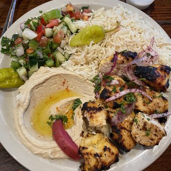 Jerusalem Grill - Chicken Kebab plate with three sides; rice, hummus and salad. - Mediterranean Near Me - San Antonio, Texas Jerusalem Grill - Chicken Kebab plate with three sides; rice, hummus and salad. - Mediterranean Near Me - San Antonio, Texas