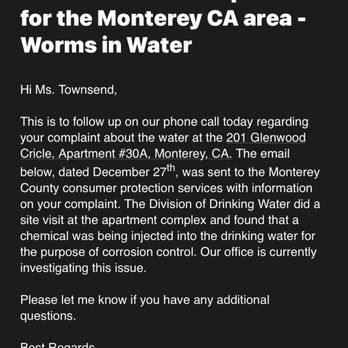 Monterey Pines Apartments - Letter from the California State Water Board stating they are injection corrosion control chemicals into the water and under investigation - Apartments Near Me - Monterey, California Monterey Pines Apartments - Letter from the California State Water Board stating they are injection corrosion control chemicals into the water and under investigation - Apartments Near Me - Monterey, California