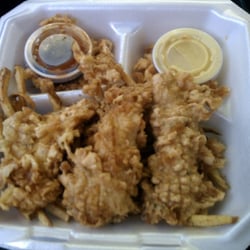 The three-battered tenders combo with double fries and BBQ and honey mustard dipping sauces.