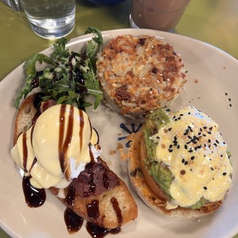 Snooze, an A.M. Eatery - Benedict duo with smashed avocado and Bella Bella Benedict - Breakfast & Brunch Near Me - Tucson, Arizona Snooze, an A.M. Eatery - Benedict duo with smashed avocado and Bella Bella Benedict - Breakfast & Brunch Near Me - Tucson, Arizona
