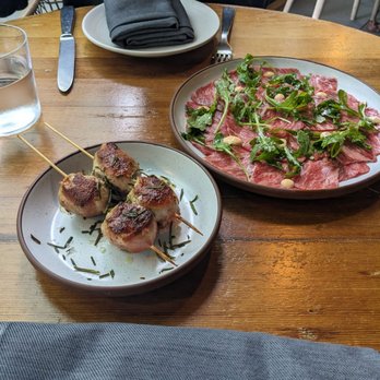 Terra - Left: Bombette (stuffed pork shoulder)  Right: Wagyu carpaccio - Italian Near Me - Santa Clara, California