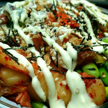 Poke Guys - PG bowl with added octopus ($5 ouch!), pickled ginger, tempura flakes, nori bits, sesame seeds topped with wasabi sauce drizzle. - Hawaiian Near Me - Toronto, Ontario