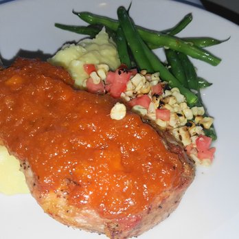 Indigo Moon - Pork Chop with Apricot BBQ Sauce, Yukon Gold Mashed, White Corn Salad and Green Beans - New American Near Me - Cambria, California Indigo Moon - Pork Chop with Apricot BBQ Sauce, Yukon Gold Mashed, White Corn Salad and Green Beans - New American Near Me - Cambria, California